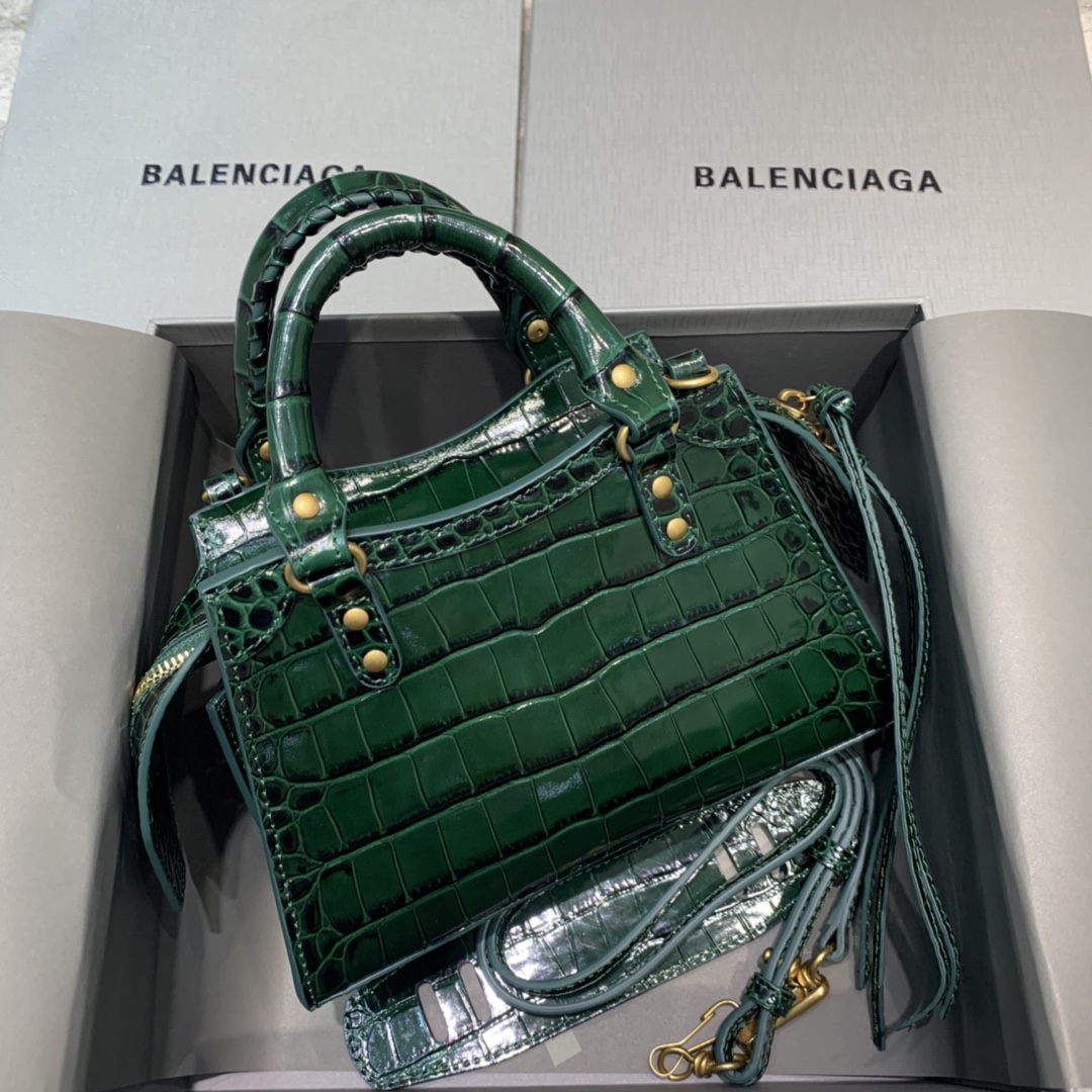 Balenciaga Neo Classic Mini Handbag Crocodile Embossed Shoulder Bag Green